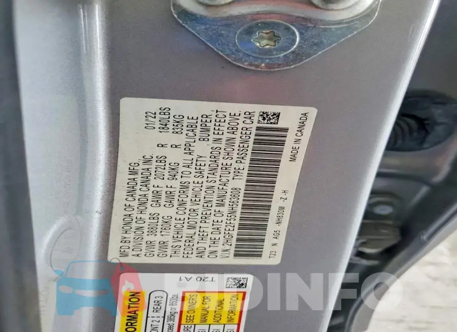 2HGFE2F55NH563608 Photo# 12