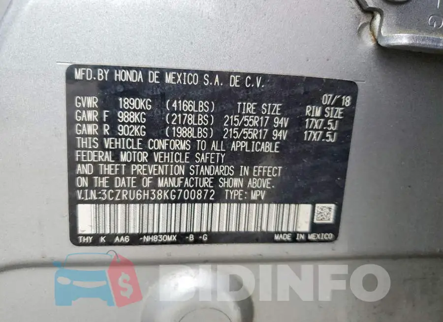 3CZRU6H38KG700872 Photo# 14