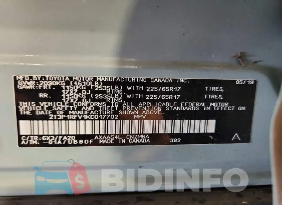 2T3P1RFV1KC017702 Photo# 13