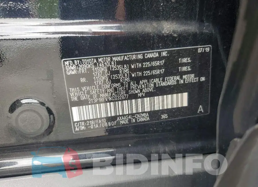 2T3P1RFV1KC032877 Photo# 13
