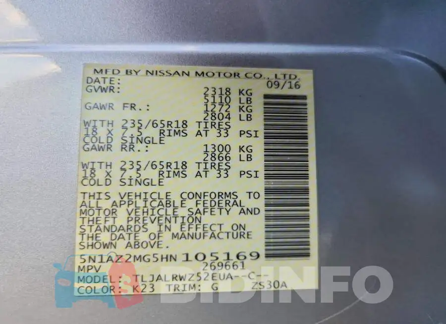 5N1AZ2MG5HN105169 Photo# 14