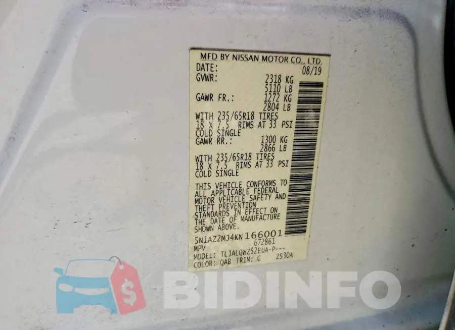 5N1AZ2MJ4KN166001 Photo# 13