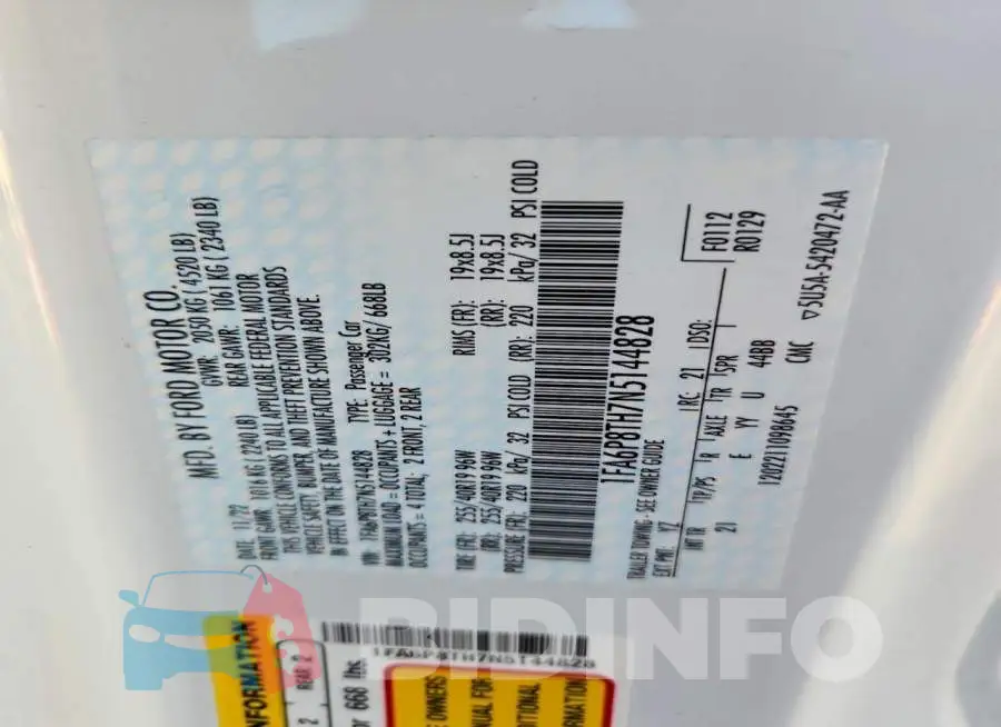 1FA6P8TH7N5144828 Photo# 12