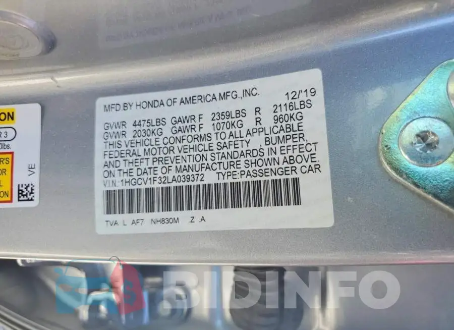 1HGCV1F32LA039372 Photo# 12