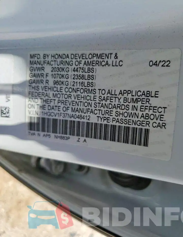 1HGCV1F37NA048412 Photo# 13