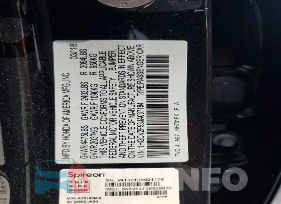 1HGCV2F93JA037184 Photo# 12