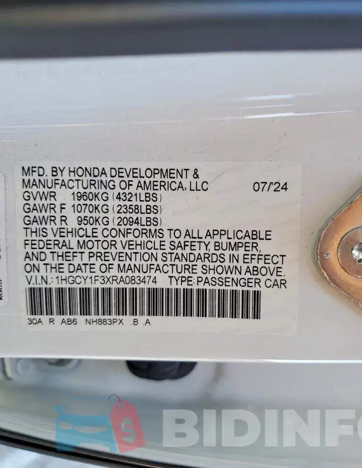 1HGCY1F3XRA083474 Photo# 12