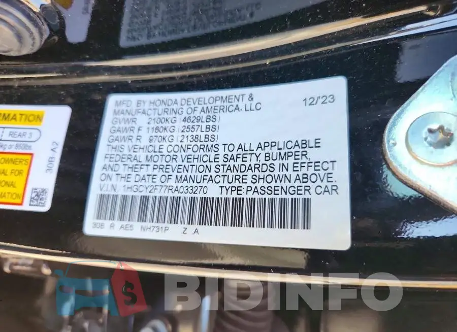 1HGCY2F77RA033270 Photo# 12