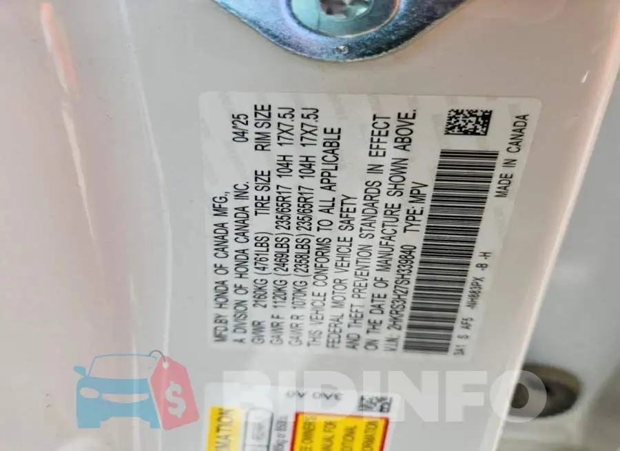 2HKRS3H27SH339840 Photo# 12