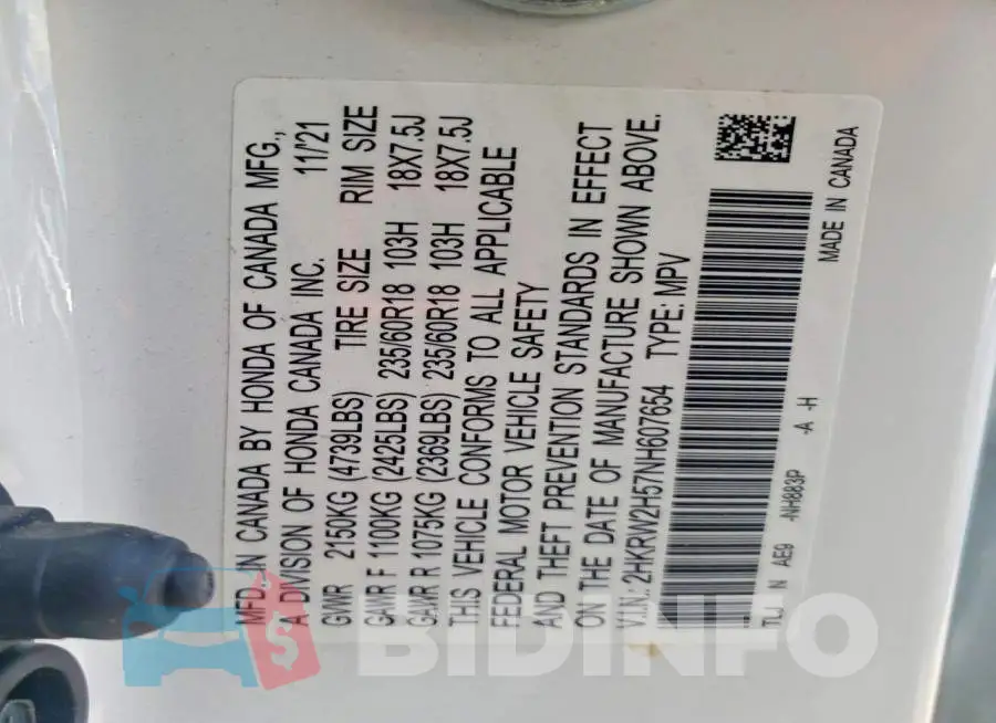 2HKRW2H57NH607654 Photo# 13