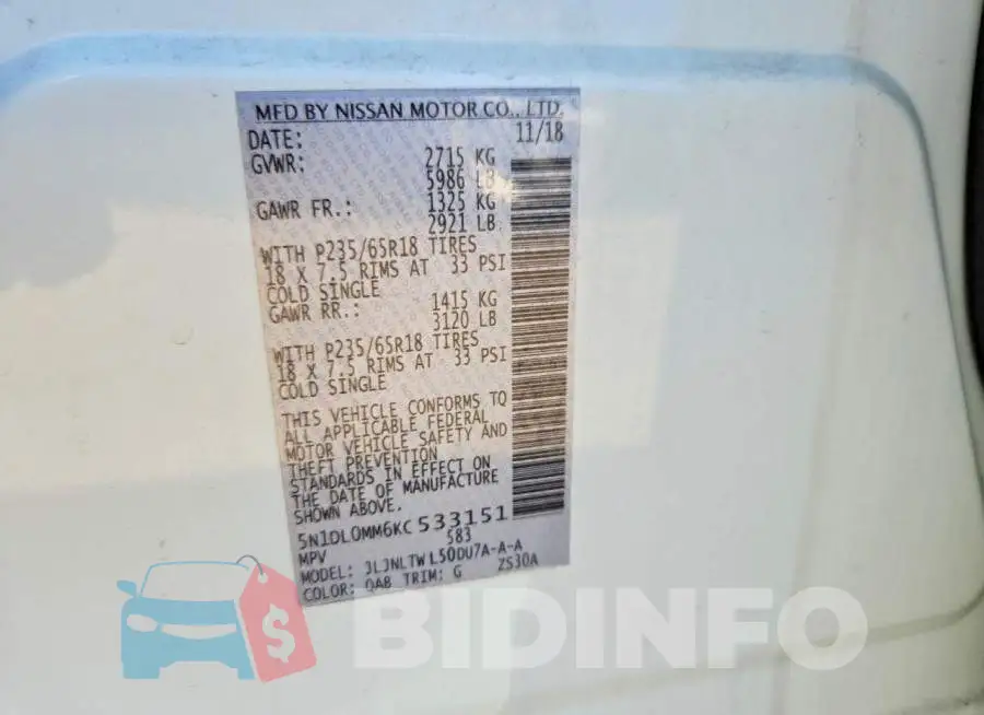 5N1DL0MM6KC533151 Photo# 12