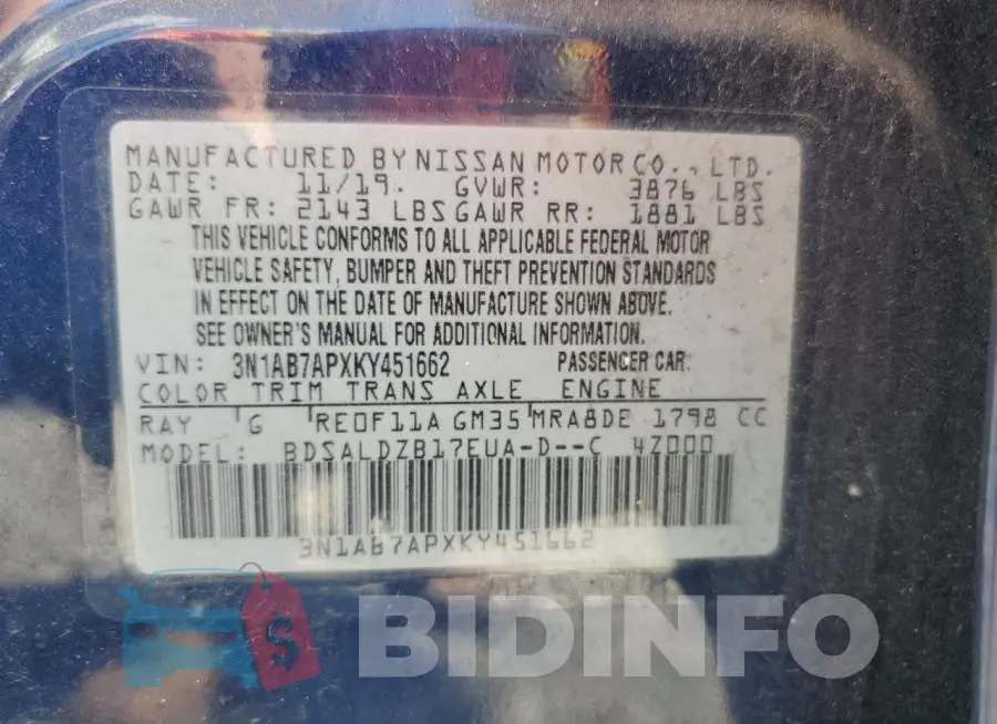 3N1AB7APXKY451662 Photo# 12