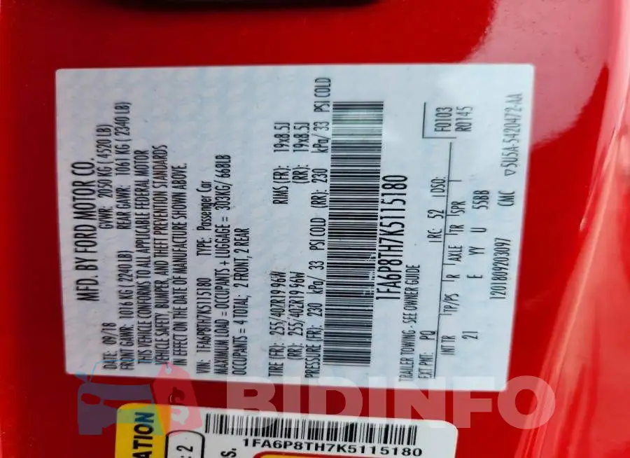 1FA6P8TH7K5115180 Photo# 12