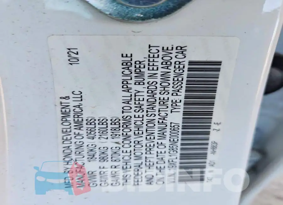 19XFL1G85NE000657 Photo# 13