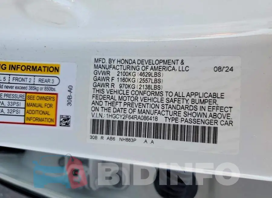 1HGCY2F64RA086418 Photo# 13