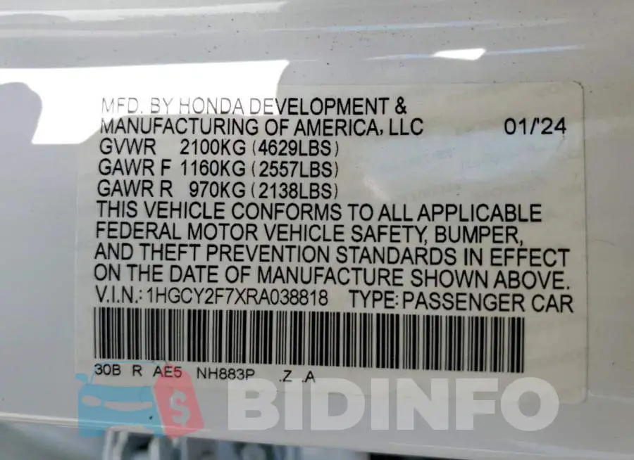 1HGCY2F7XRA038818 Photo# 12