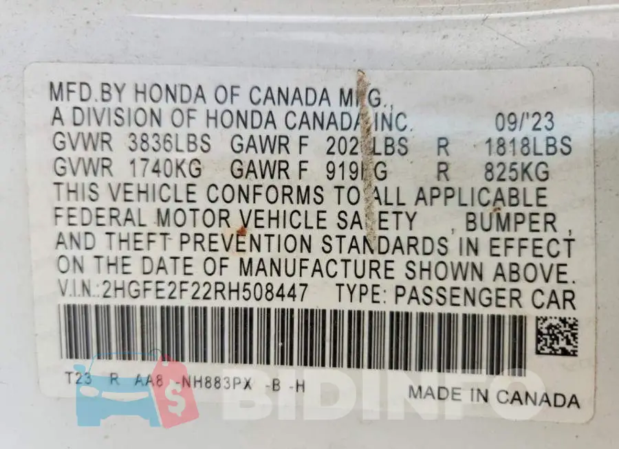 2HGFE2F22RH508447 Photo# 12