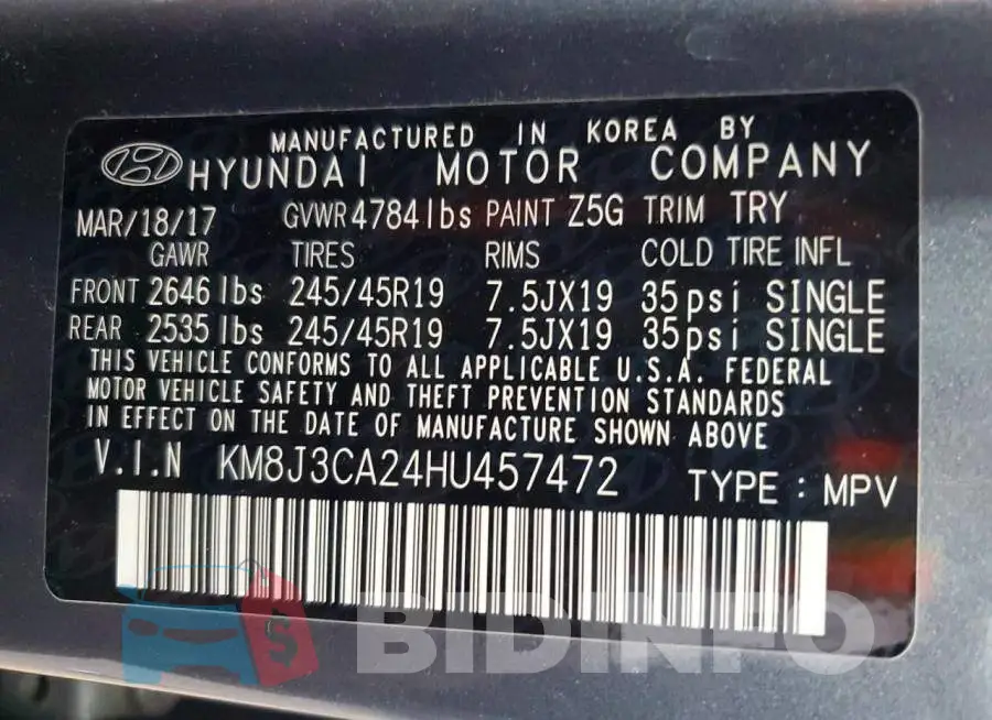 KM8J3CA24HU457472 Photo# 13