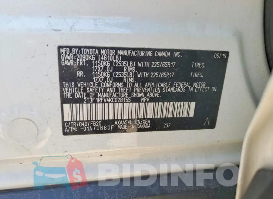 2T3F1RFV4KC028155 Photo# 13