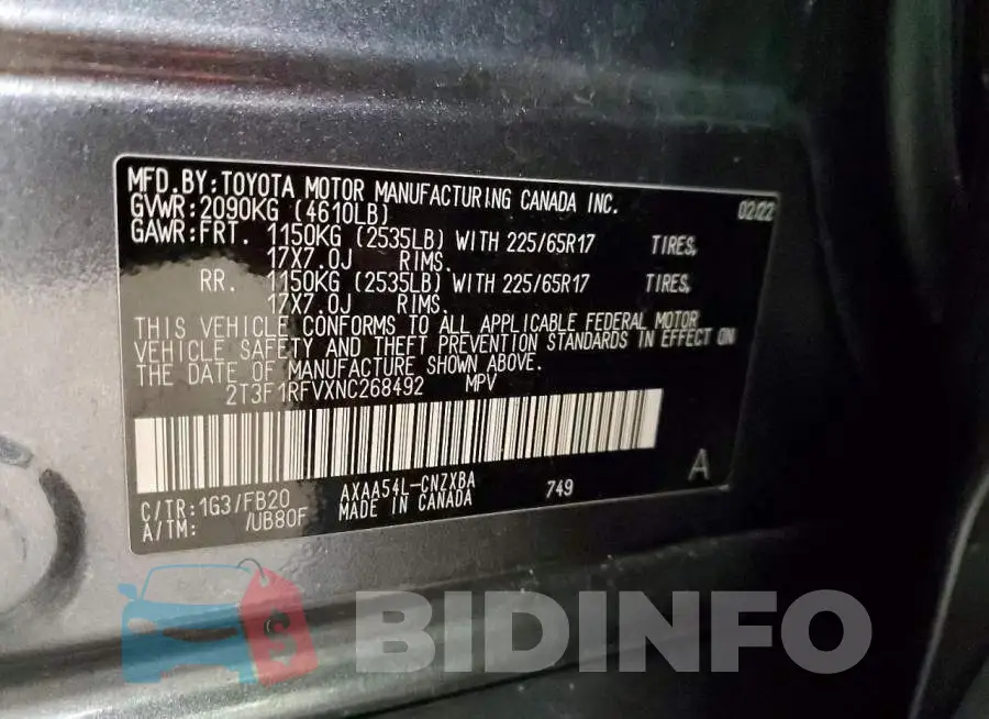 2T3F1RFVXNC268492 Photo# 14