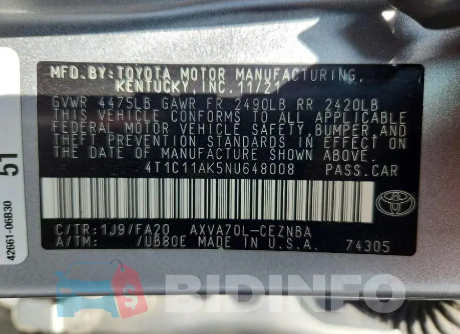 4T1C11AK5NU648008 Photo# 13