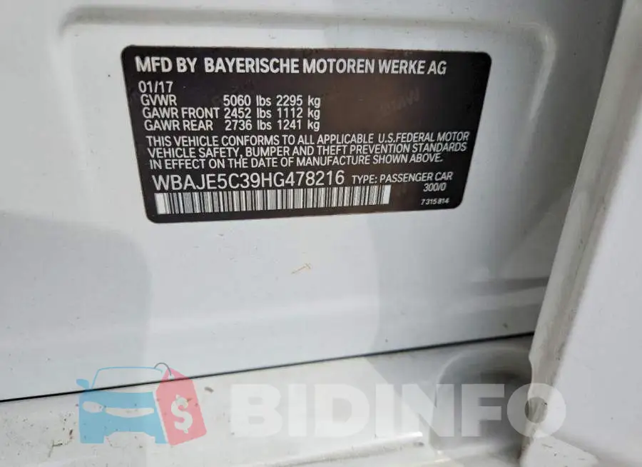 WBAJE5C39HG478216 Photo# 12