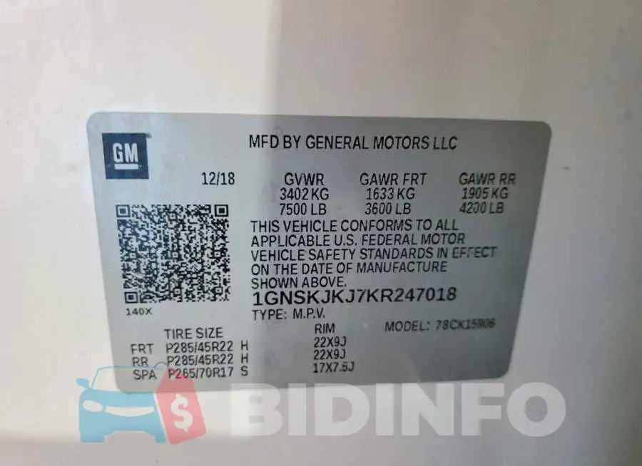 1GNSKJKJ7KR247018 Photo# 13