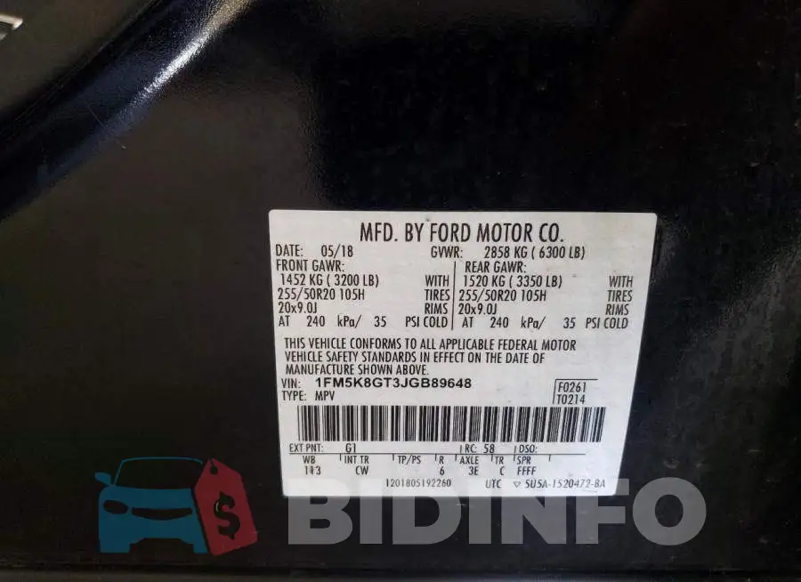 1FM5K8GT3JGB89648 Photo# 13