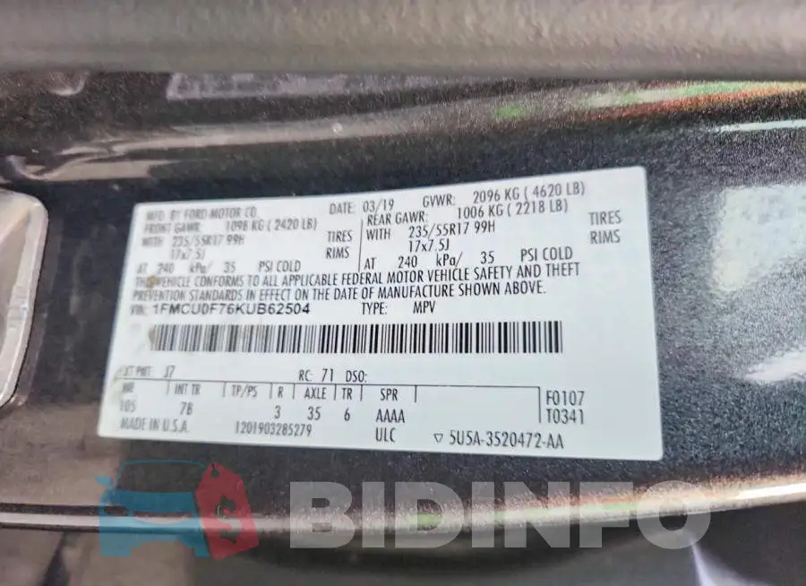 1FMCU0F76KUB62504 Photo# 12