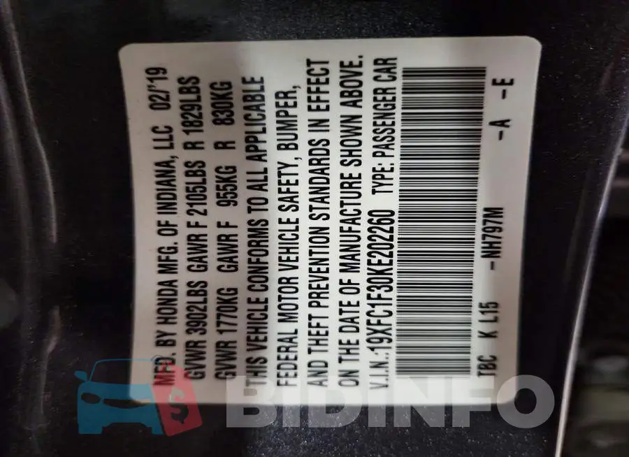 19XFC1F30KE202260 Photo# 12