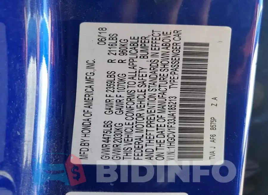 1HGCV1F33JA185213 Photo# 12