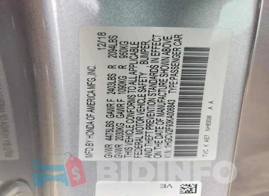 1HGCV2F93KA006843 Photo# 12