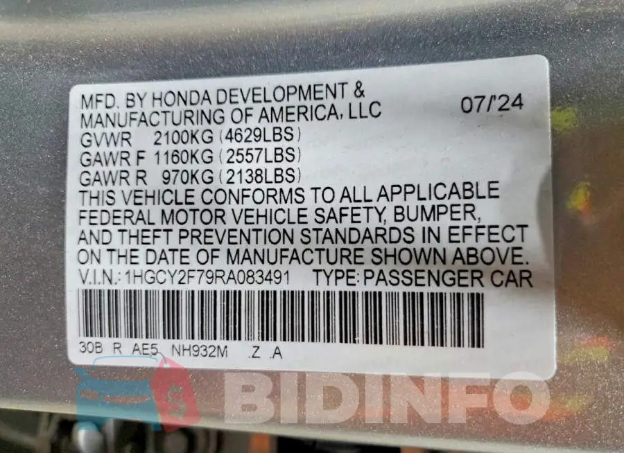 1HGCY2F79RA083491 Photo# 13