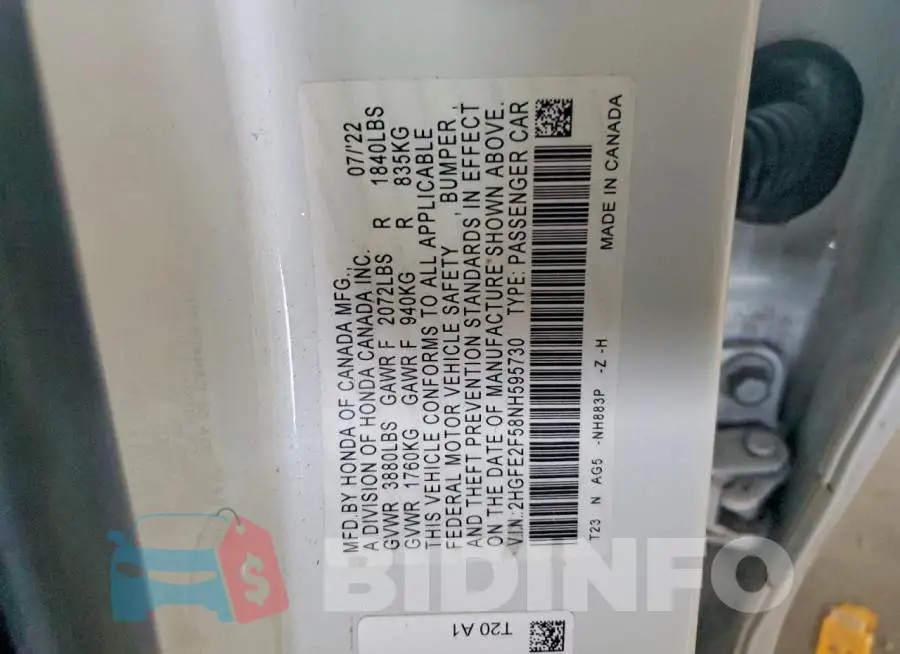 2HGFE2F58NH595730 Photo# 13