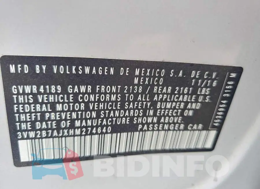 3VW2B7AJXHM274640 Photo# 12