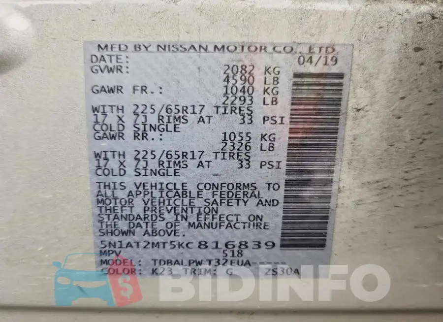 5N1AT2MT5KC816839 Photo# 14
