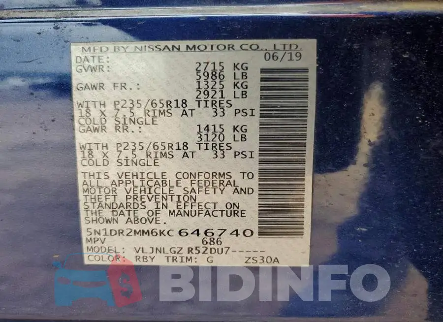 5N1DR2MM6KC646740 Photo# 13