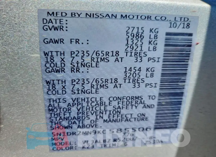 5N1DR2MN9KC585506 Photo# 13