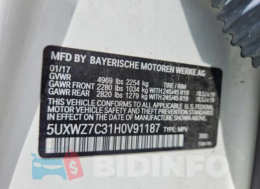 5UXWZ7C31H0V91187 Photo# 13