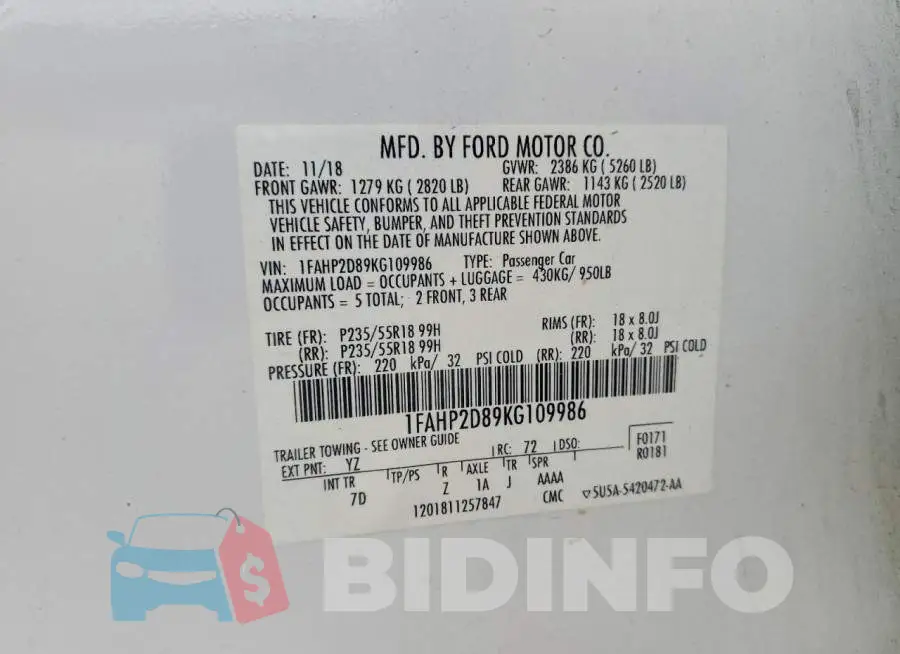 1FAHP2D89KG109986 Photo# 12