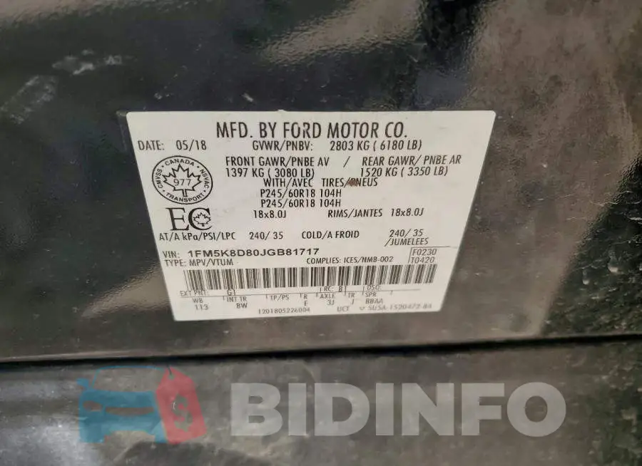 1FM5K8D80JGB81717 Photo# 13
