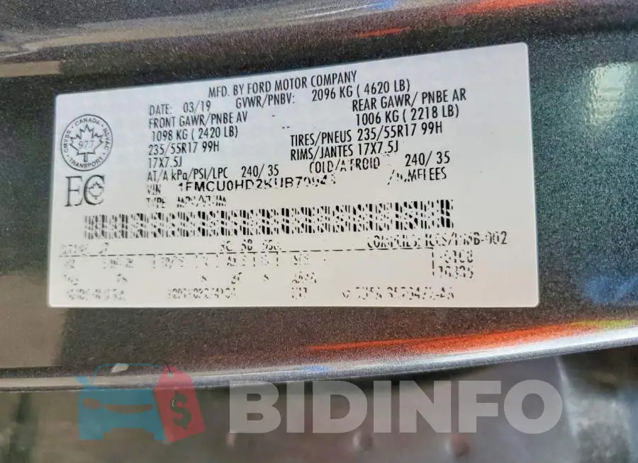 1FMCU0HD2KUB70943 Photo# 13