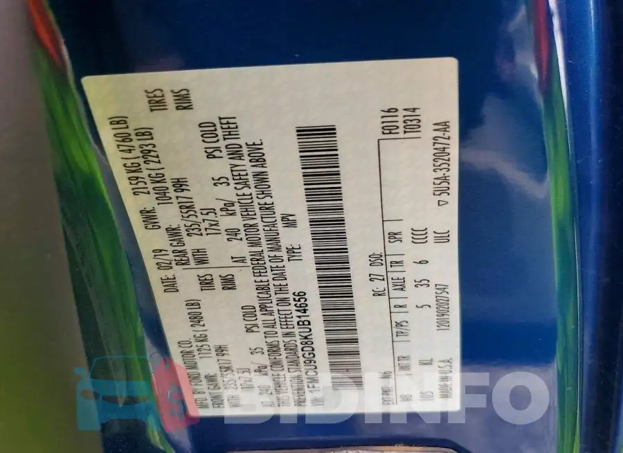 1FMCU9GD8KUB14656 Photo# 13