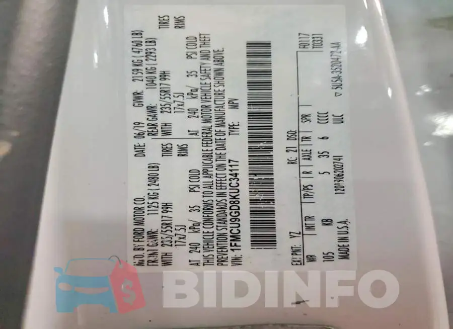 1FMCU9GD8KUC34117 Photo# 13