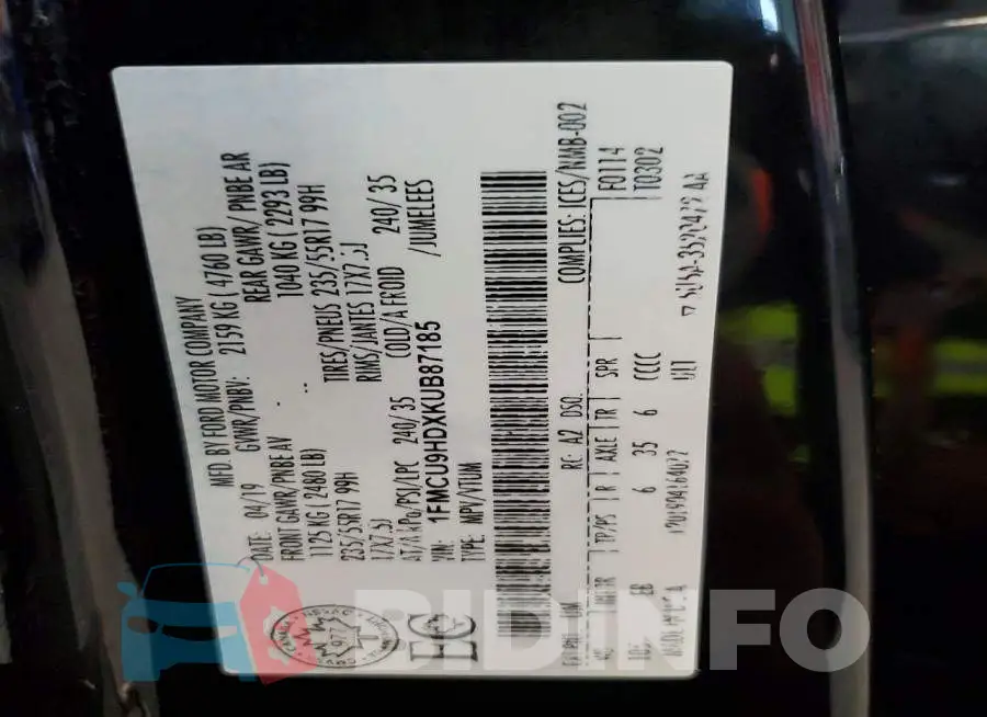 1FMCU9HDXKUB87185 Photo# 13