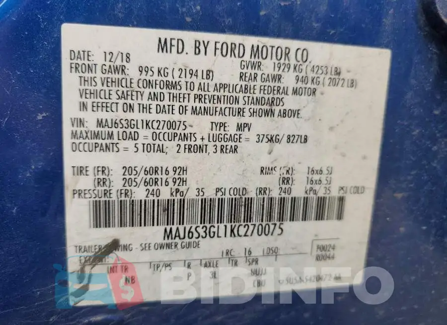 MAJ6S3GL1KC270075 Photo# 13