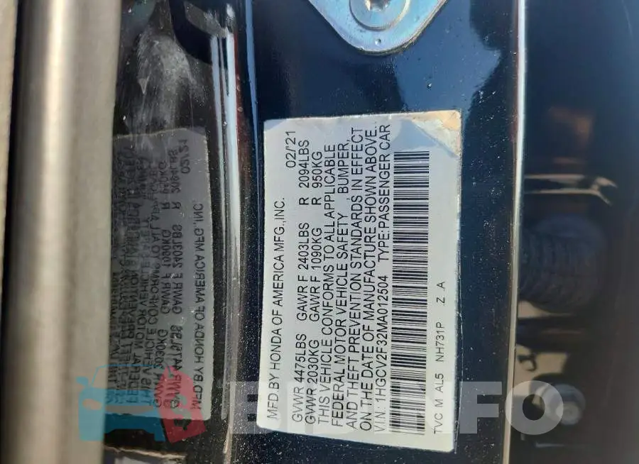 1HGCV2F32MA012504 Photo# 12