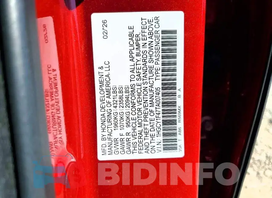 1HGCY1F47TA007405 Photo# 12