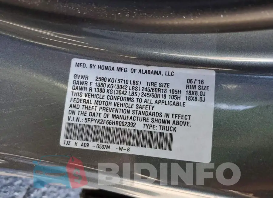 5FPYK2F66HB002392 Photo# 12