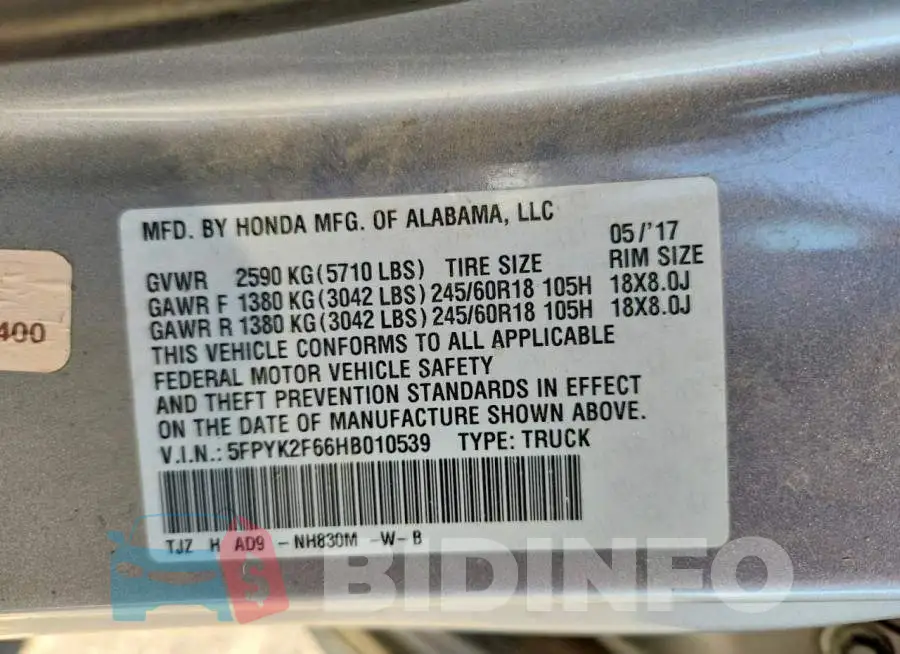 5FPYK2F66HB010539 Photo# 12